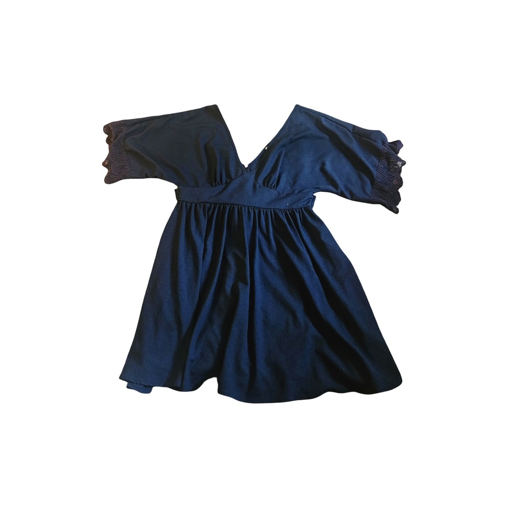 Sage Black‎ V-Neck Babydoll Mini Dress Lace Trim Sleeves Tie Back Womens Medium